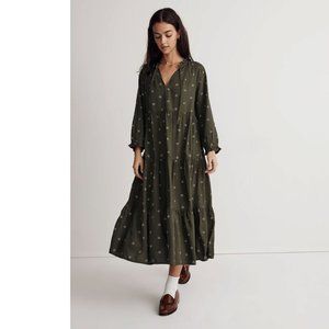 Madewell Green Flower Tie-Neck Tiered Midi Dress in Stardot size Large - NWOT